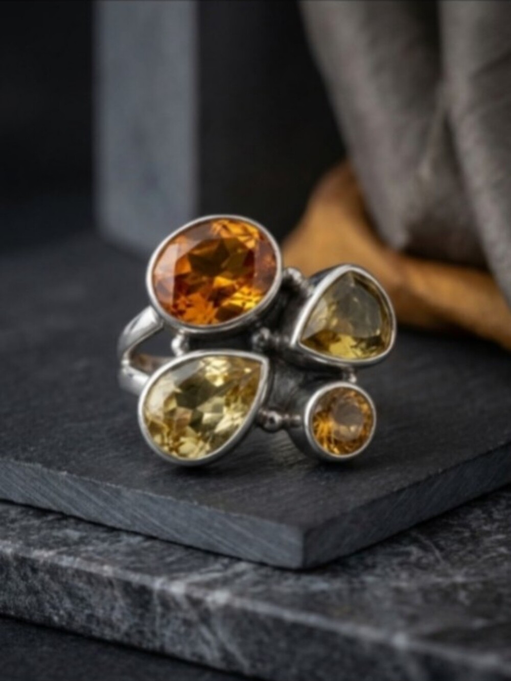 Brazilian Citrine & Green Gold Quartz 4 Stone Sterling Silver Ring 4.66 CTW